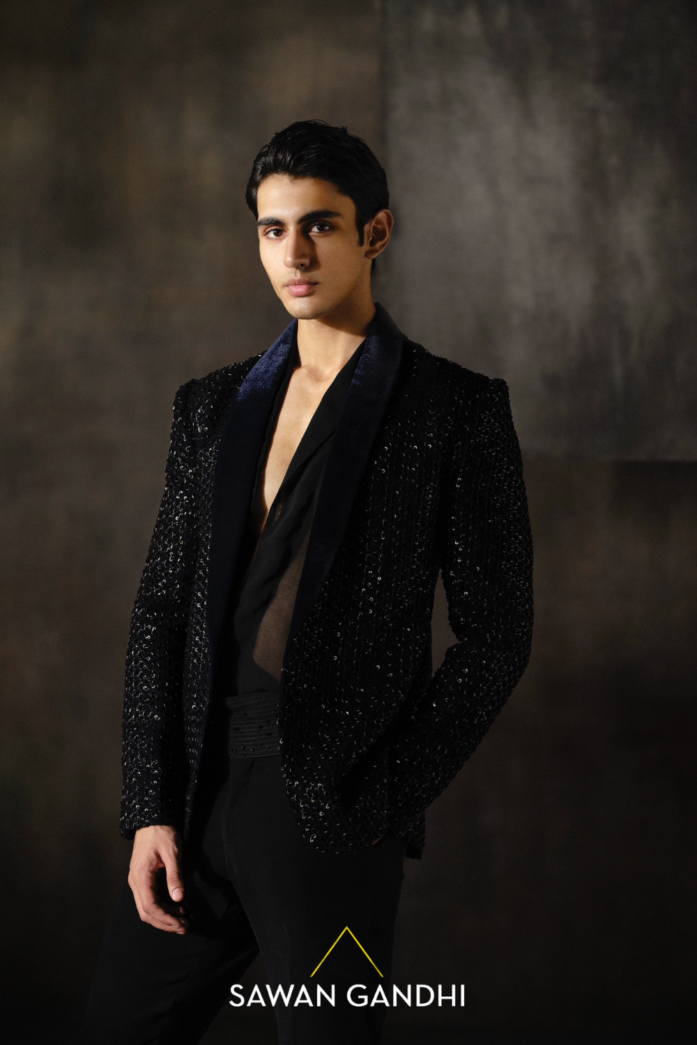 Navy blue sequins and cutdana velvet jacket