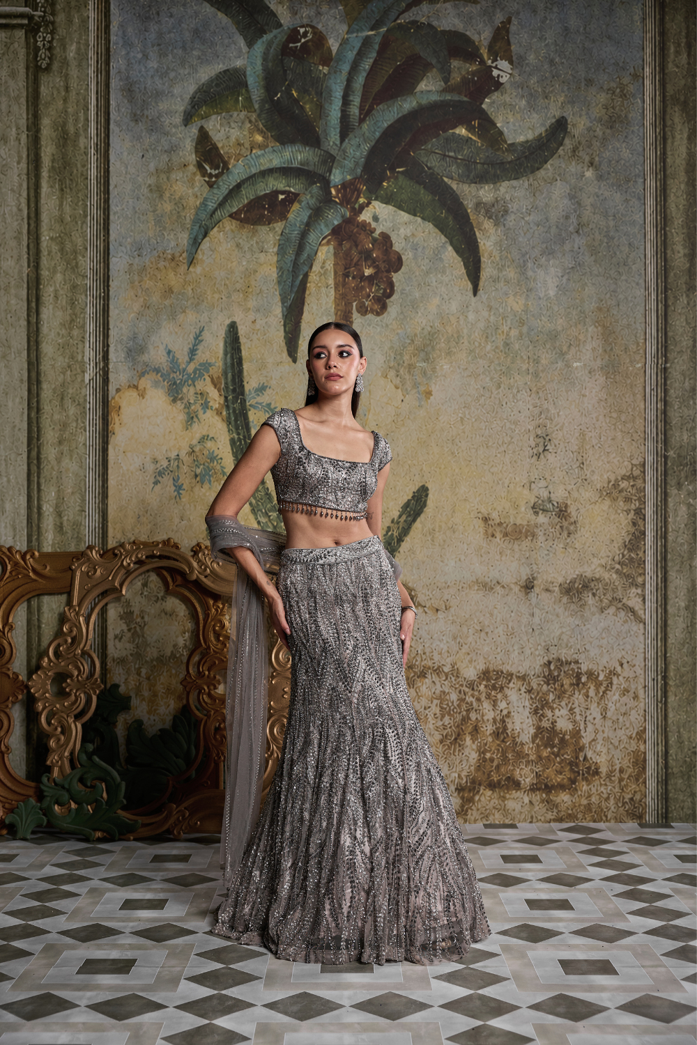 Grey Gunmetal Embellished Mermaid Skirt Set