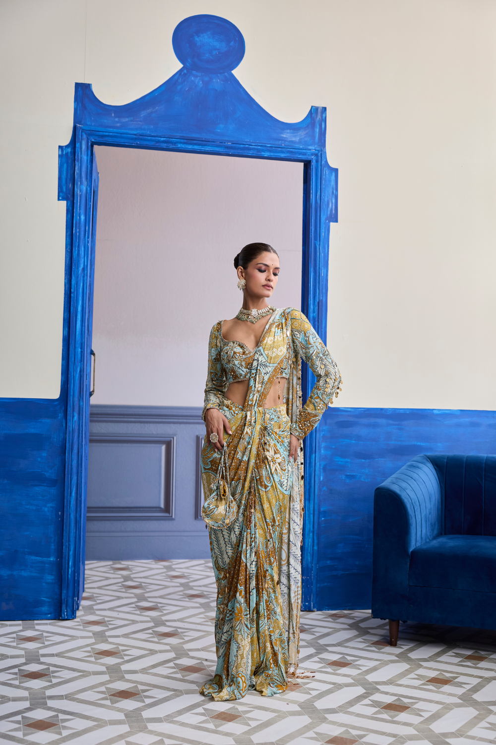 Yellow Floral Blouse with Coordinated Printed Dhoti Saree Set
