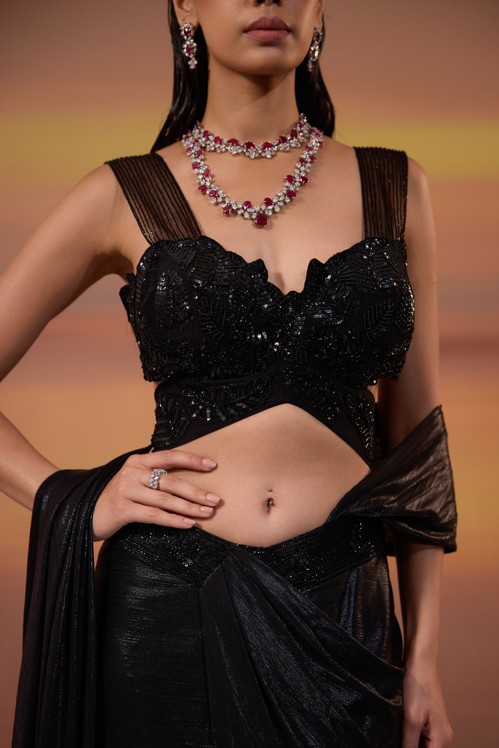 Black Embellished Strappy Blouse with Saree Set