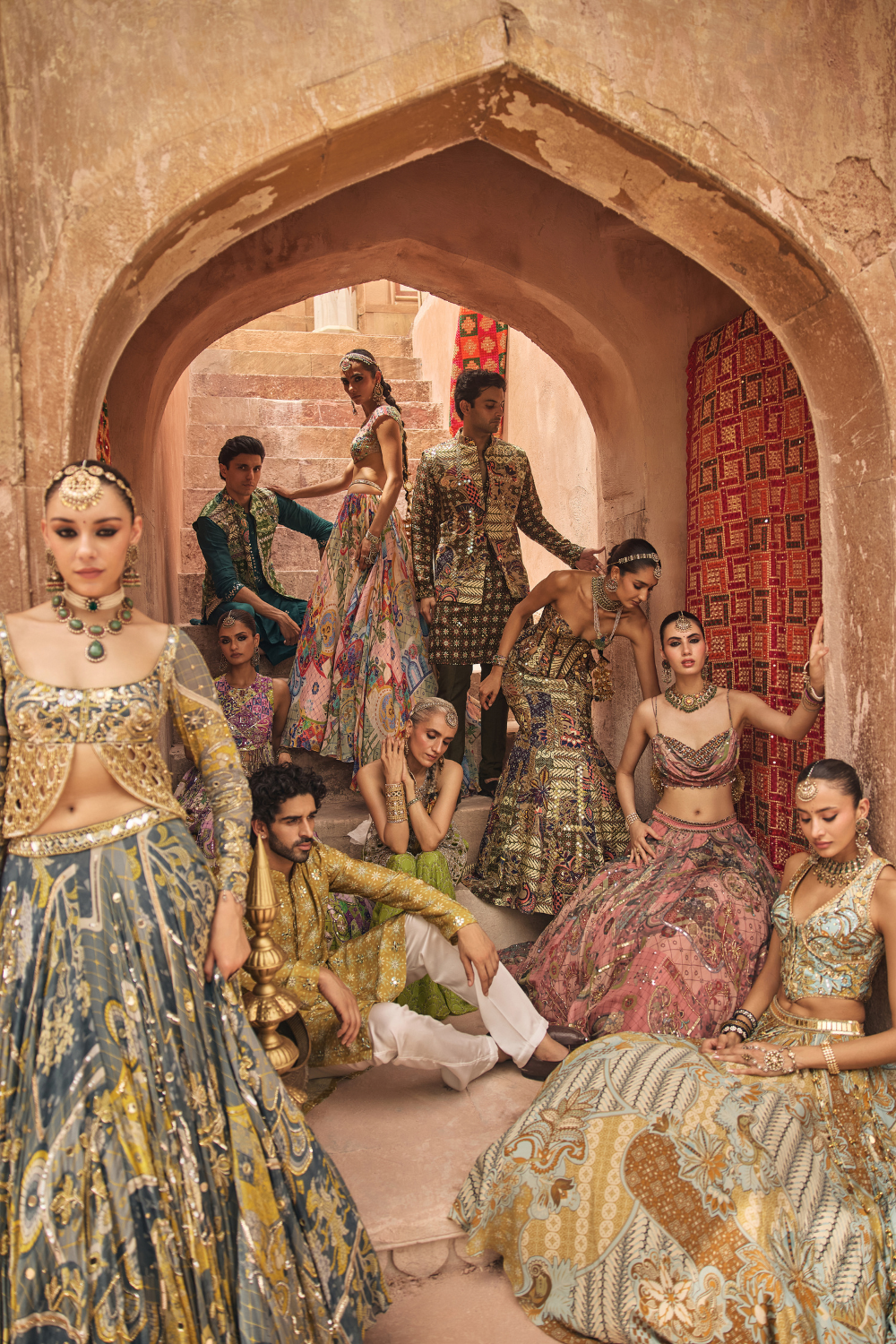 Grey Mosaic Scallop Cutwork Blouse with Highlighted Lehenga & Tassel Dupatta Set