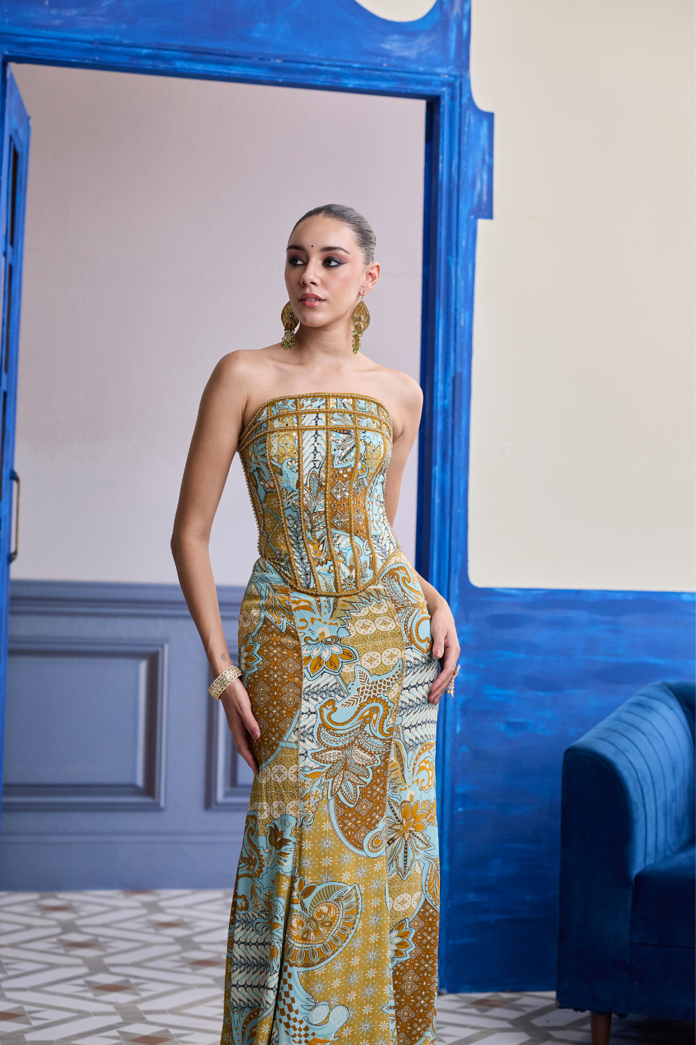 Yellow Structured Corset with Beaded Mermaid Skirt Set