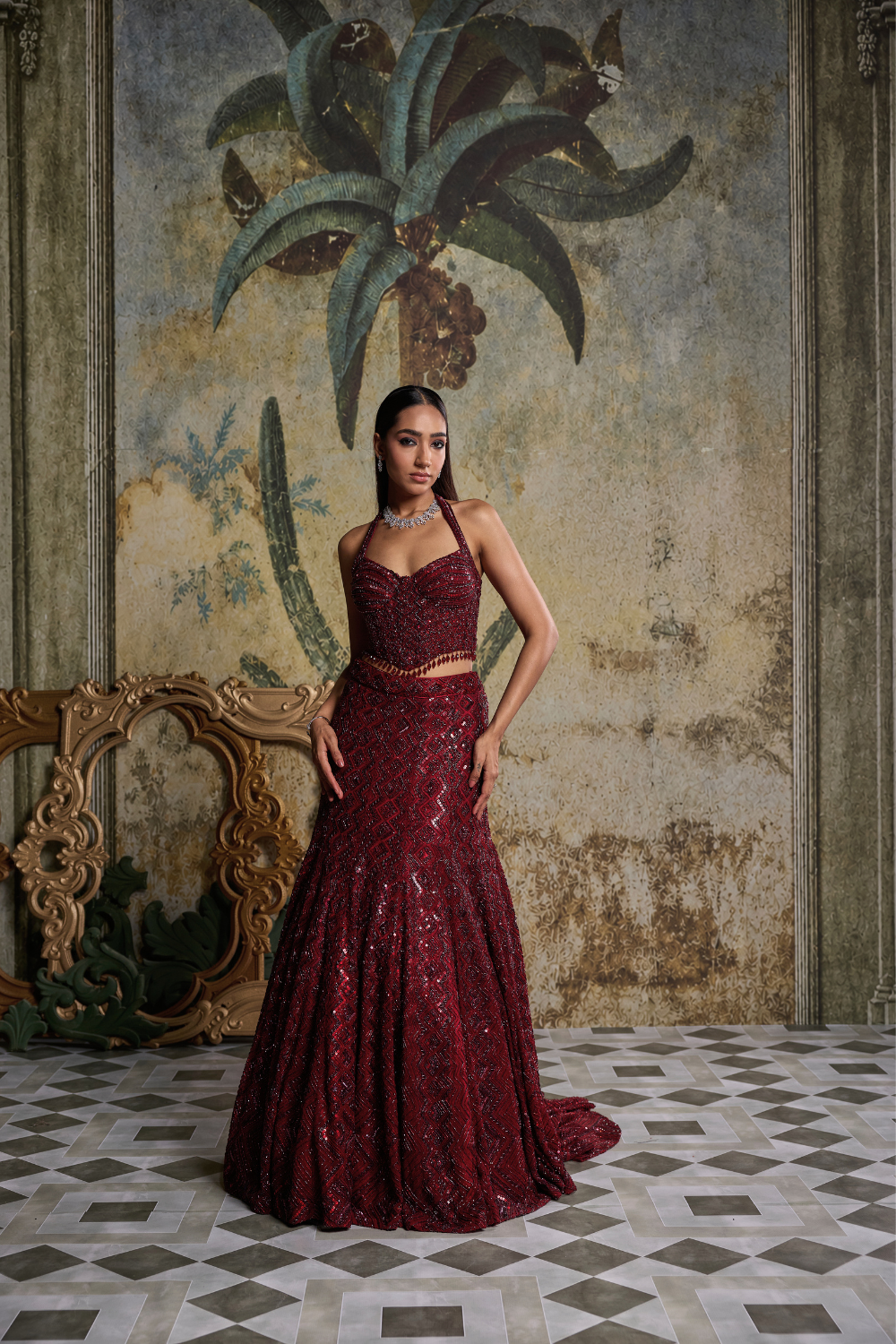 Maroon Embellished Mermaid Set