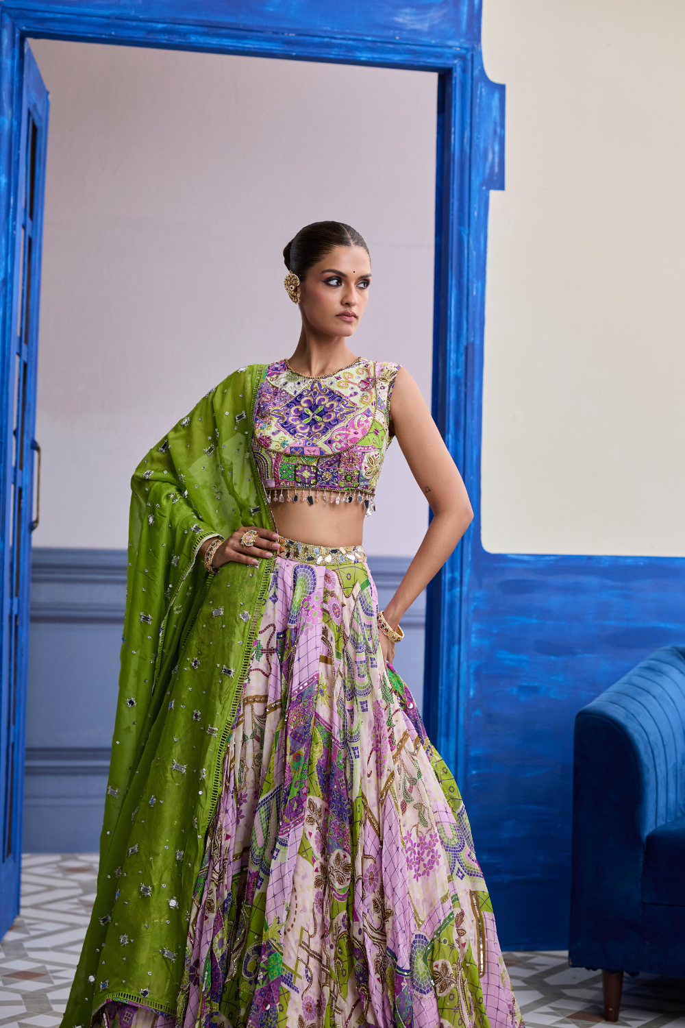 Bubblegum Mosaic Yoke Blouse with Lehenga & Embroidered Dupatta Set