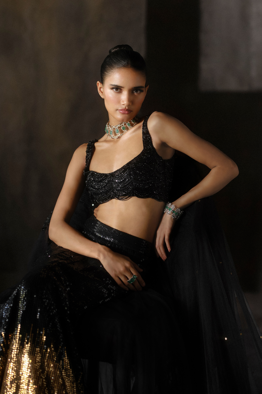 Black to gold sequins lehenga