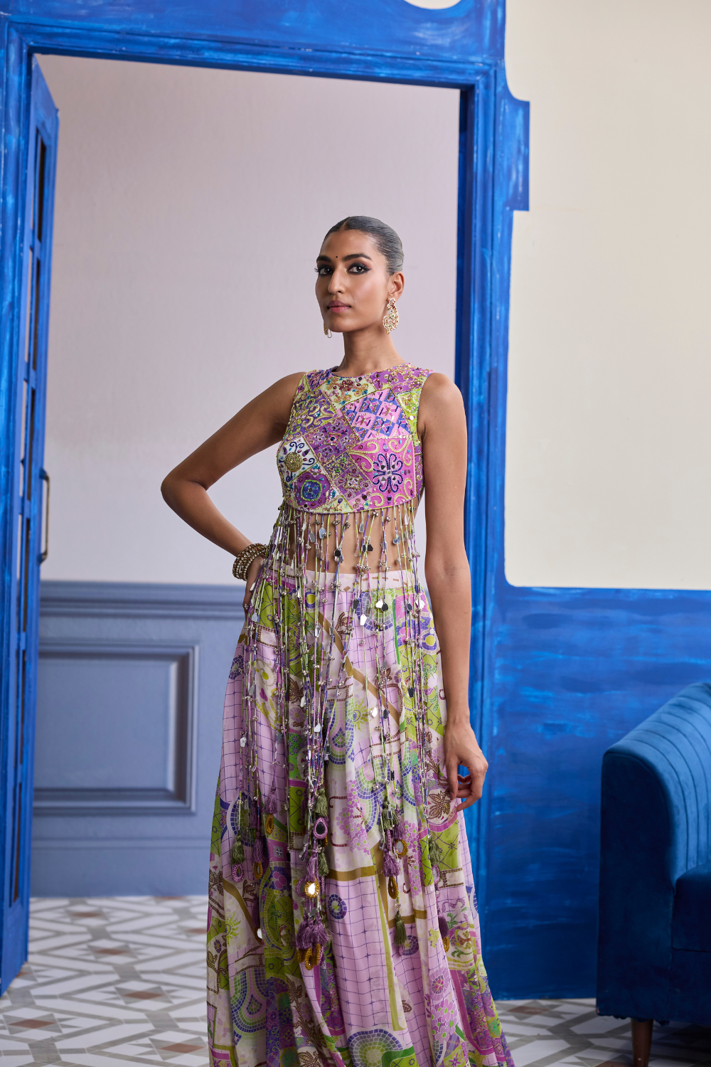 Bubblegum Mosaic Yoke Blouse with Long Tassels & Printed Sharara Set