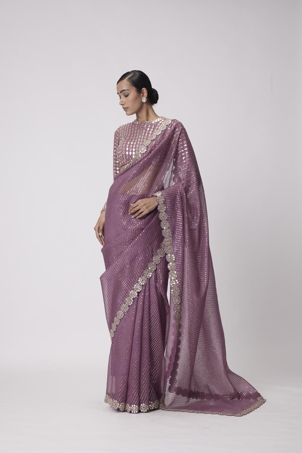 Mud Mauve Hand Embroidered Saree Set