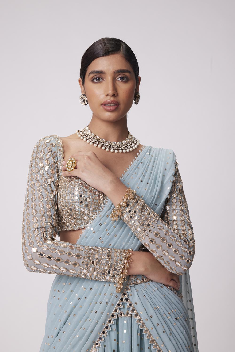 Powder Blue Multi Tier Hand Embroidered Saree Set