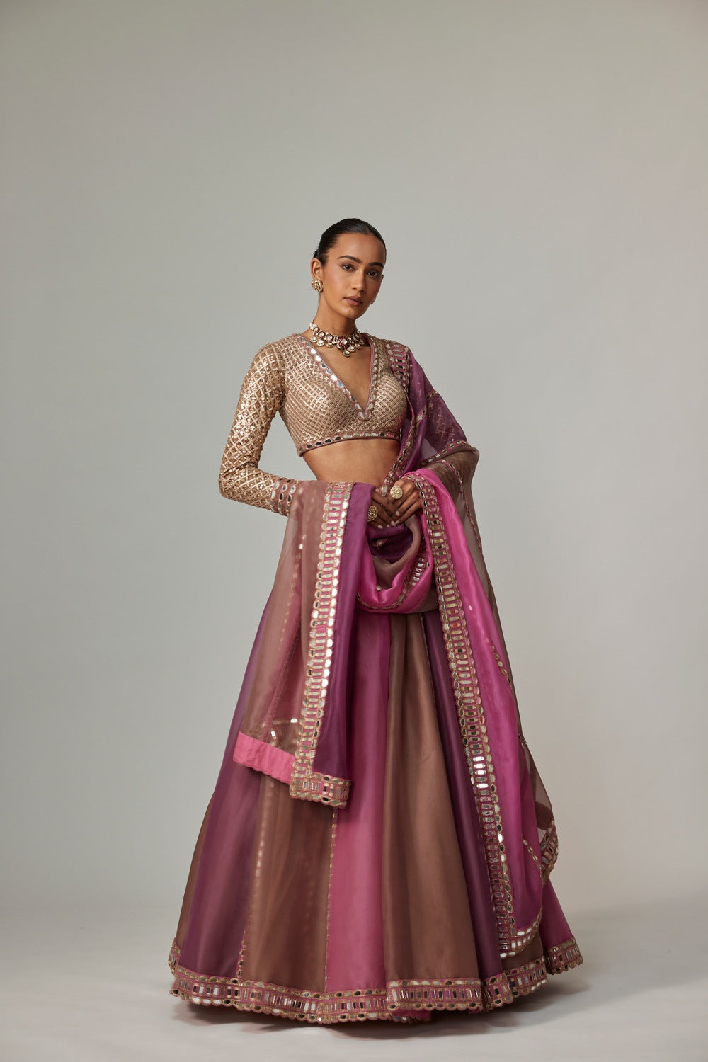 MUD MAUVE MULTICOLOR LEHENGA WITH V NECK BLOUSE