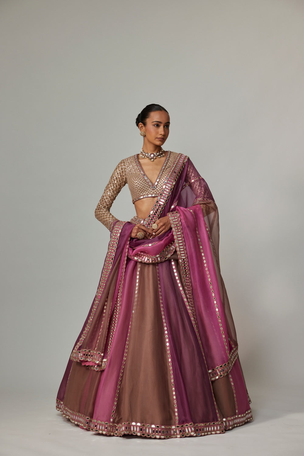 MUD MAUVE MULTICOLOR LEHENGA WITH V NECK BLOUSE