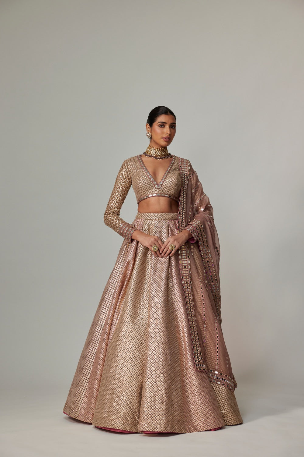 DEEP BEIGE MULTICOLOR SKIRT WITH V NECK FULL SLEEVE BLOUSE