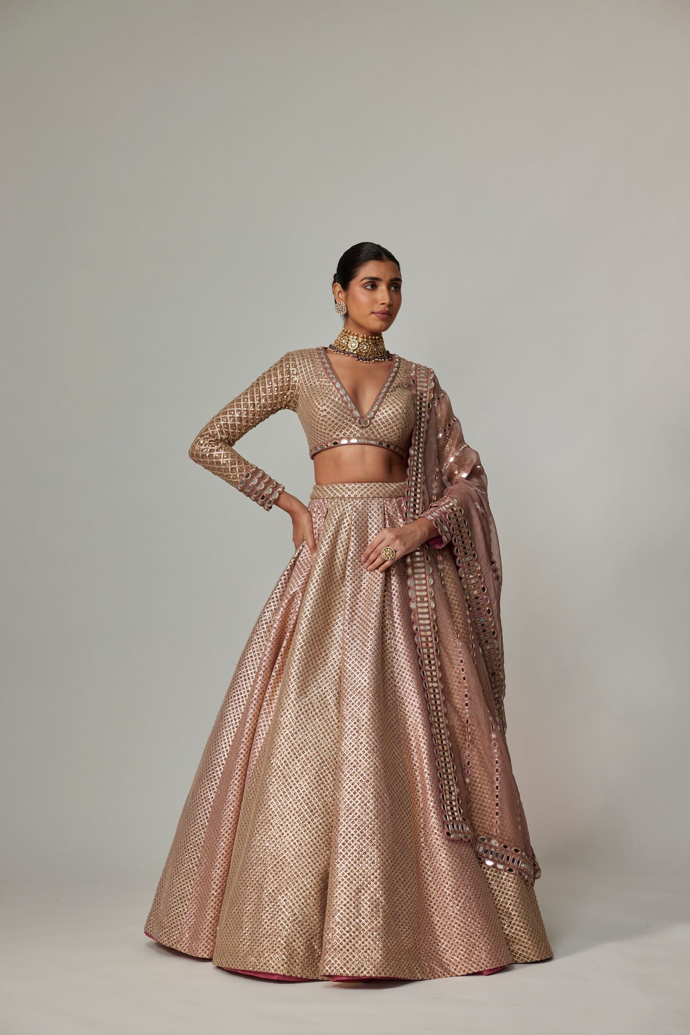 DEEP BEIGE MULTICOLOR SKIRT WITH V NECK FULL SLEEVE BLOUSE