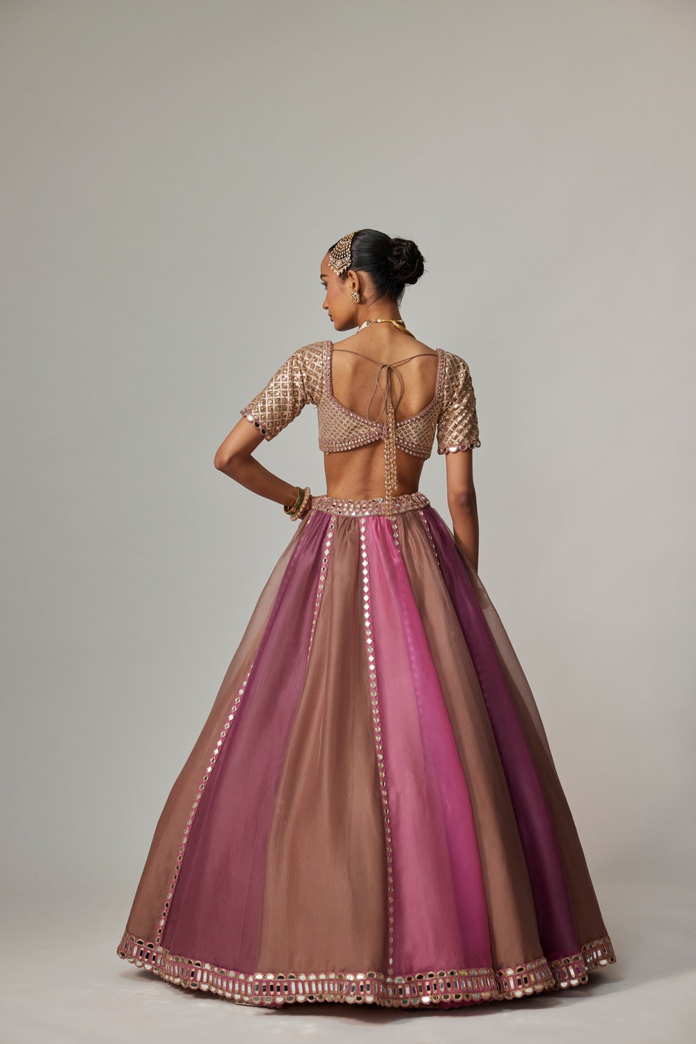 MUD MAUVE MULTICOLOR LEHENGA WITH ELBOW SLEEVE BLOUSE