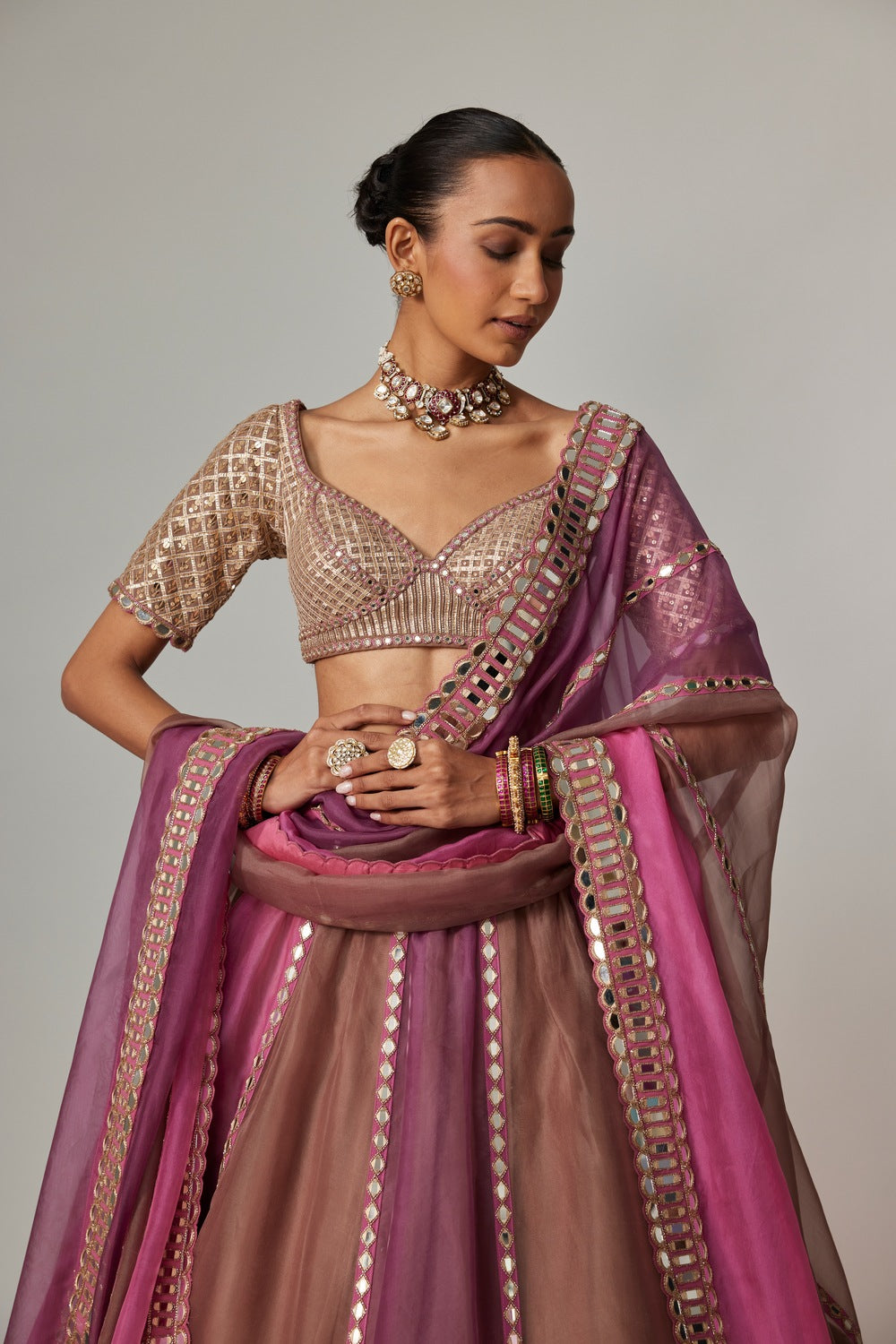 MUD MAUVE MULTICOLOR LEHENGA WITH ELBOW SLEEVE BLOUSE
