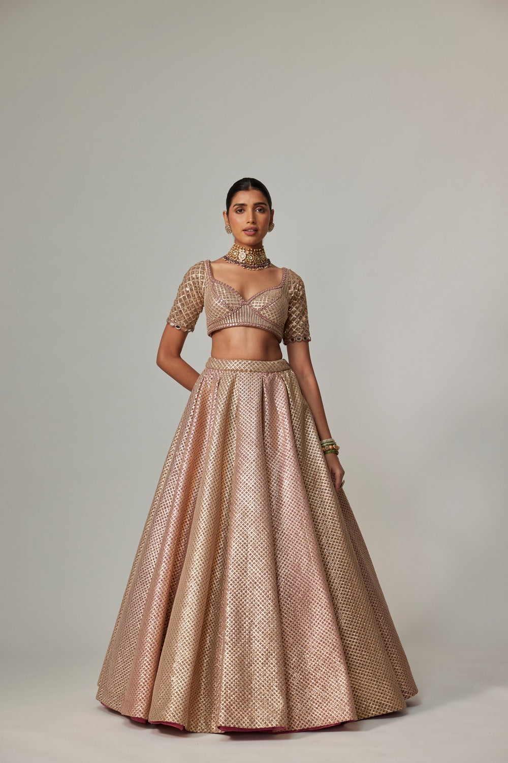 DEEP BEIGE MULTICOLOR METTALIC LEHENGA SET