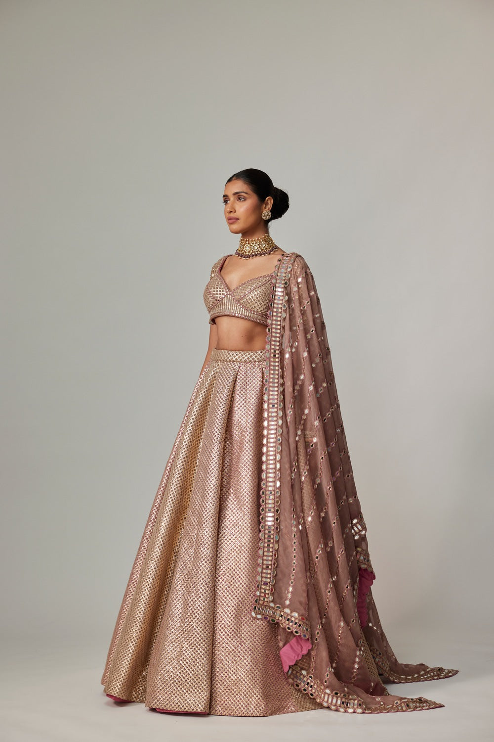 DEEP BEIGE MULTICOLOR METTALIC LEHENGA SET