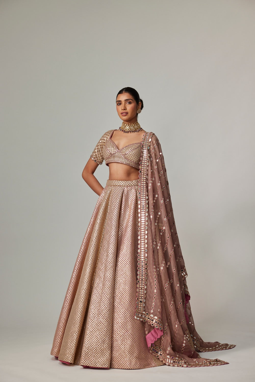 DEEP BEIGE MULTICOLOR METTALIC LEHENGA SET