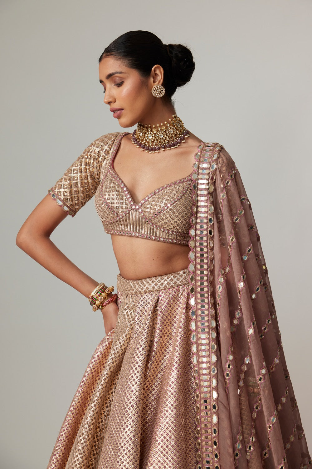 DEEP BEIGE MULTICOLOR METTALIC LEHENGA SET