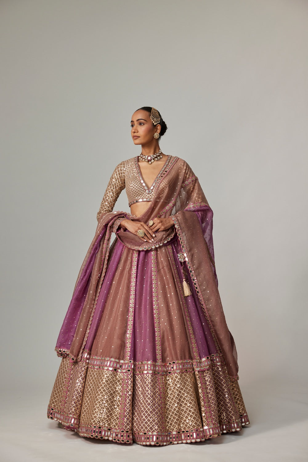 MUD MAUVE MULTICOLOR CHITA SEQUIN SCATTERED LEHENGA SET WITH V NECK FULL SLEEVES