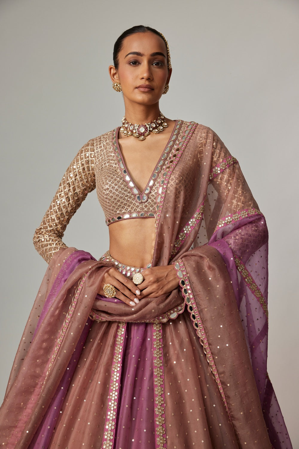 MUD MAUVE MULTICOLOR CHITA SEQUIN SCATTERED LEHENGA SET WITH V NECK FULL SLEEVES