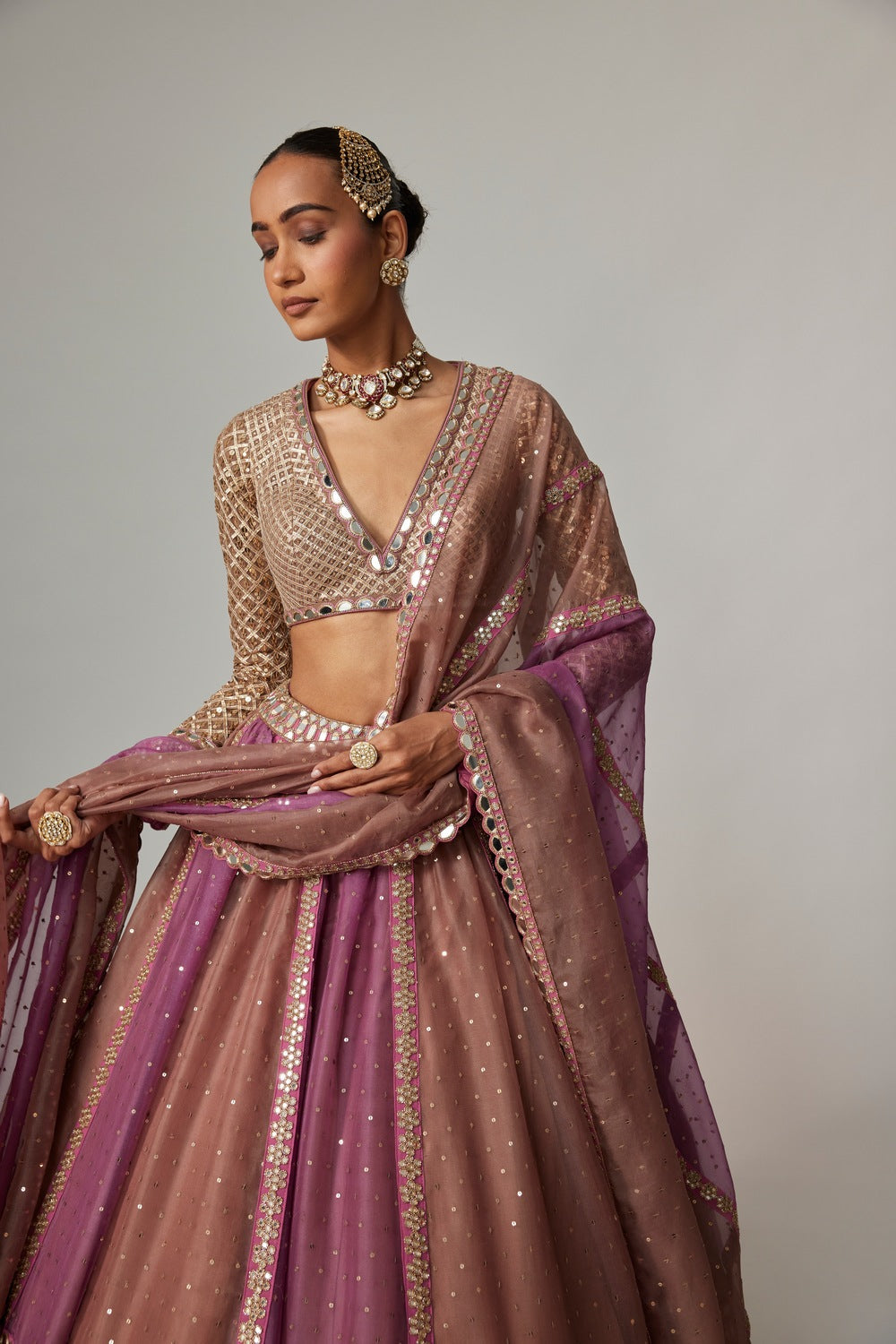 MUD MAUVE MULTICOLOR CHITA SEQUIN SCATTERED LEHENGA SET WITH V NECK FULL SLEEVES