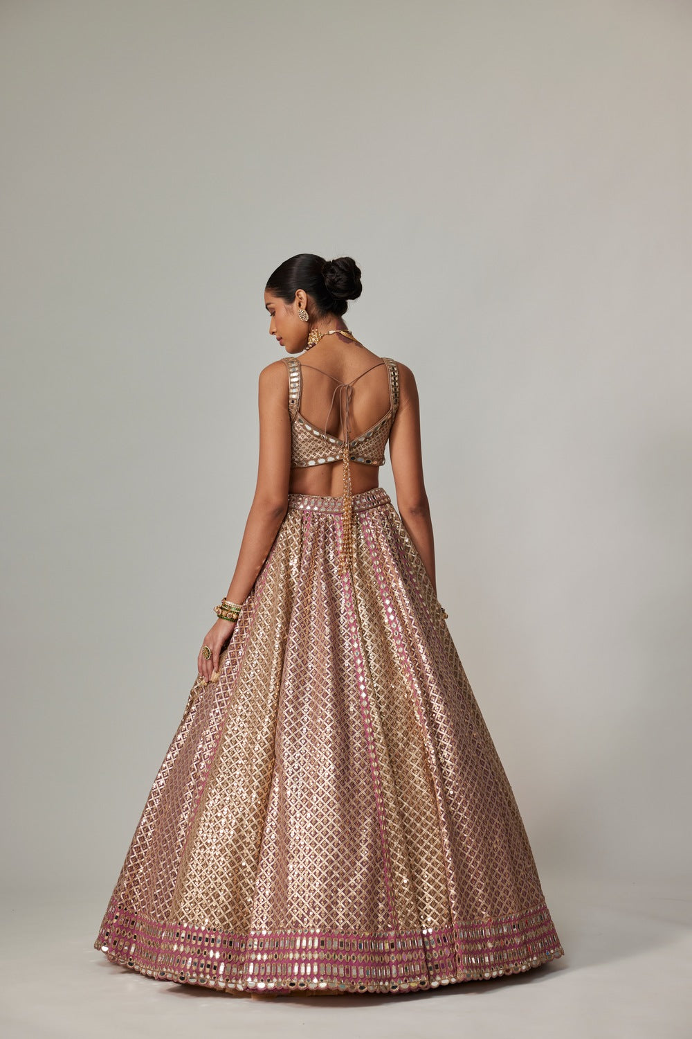 DEEP BEIGE MULTICOLOR METALLIC LEHENGA WITH SQUARE NECK BLOUSE