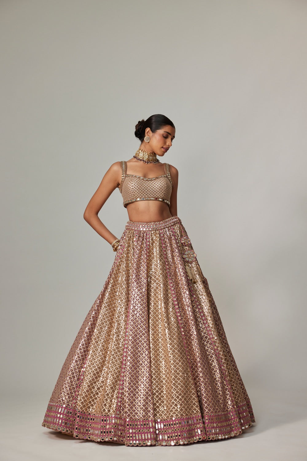 DEEP BEIGE MULTICOLOR METALLIC LEHENGA WITH SQUARE NECK BLOUSE
