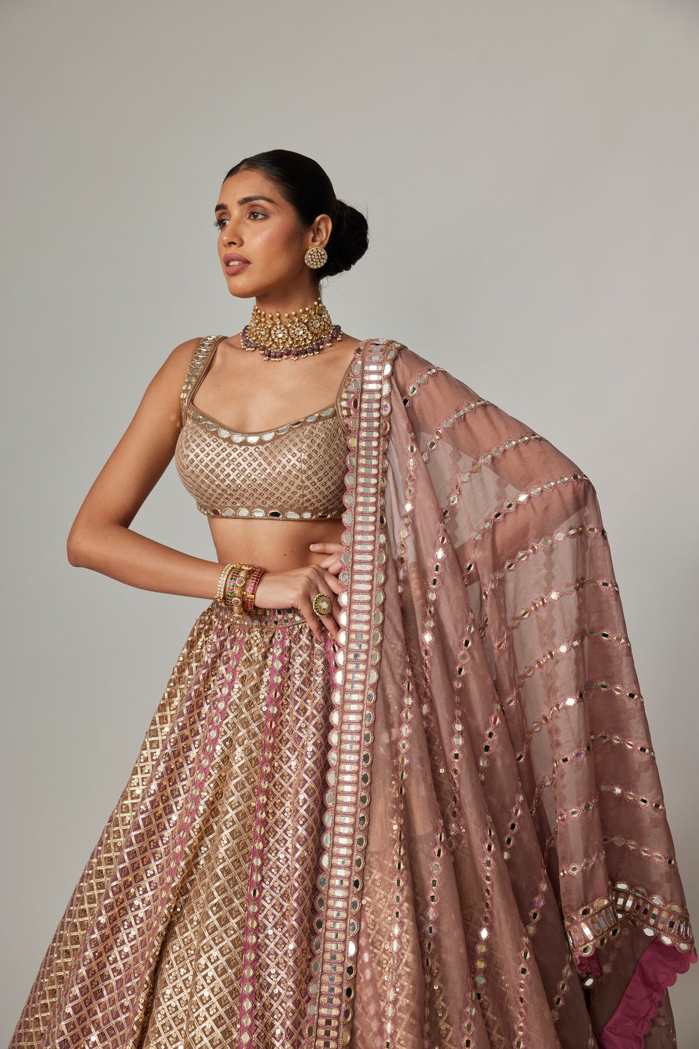 DEEP BEIGE MULTICOLOR METALLIC LEHENGA WITH SQUARE NECK BLOUSE