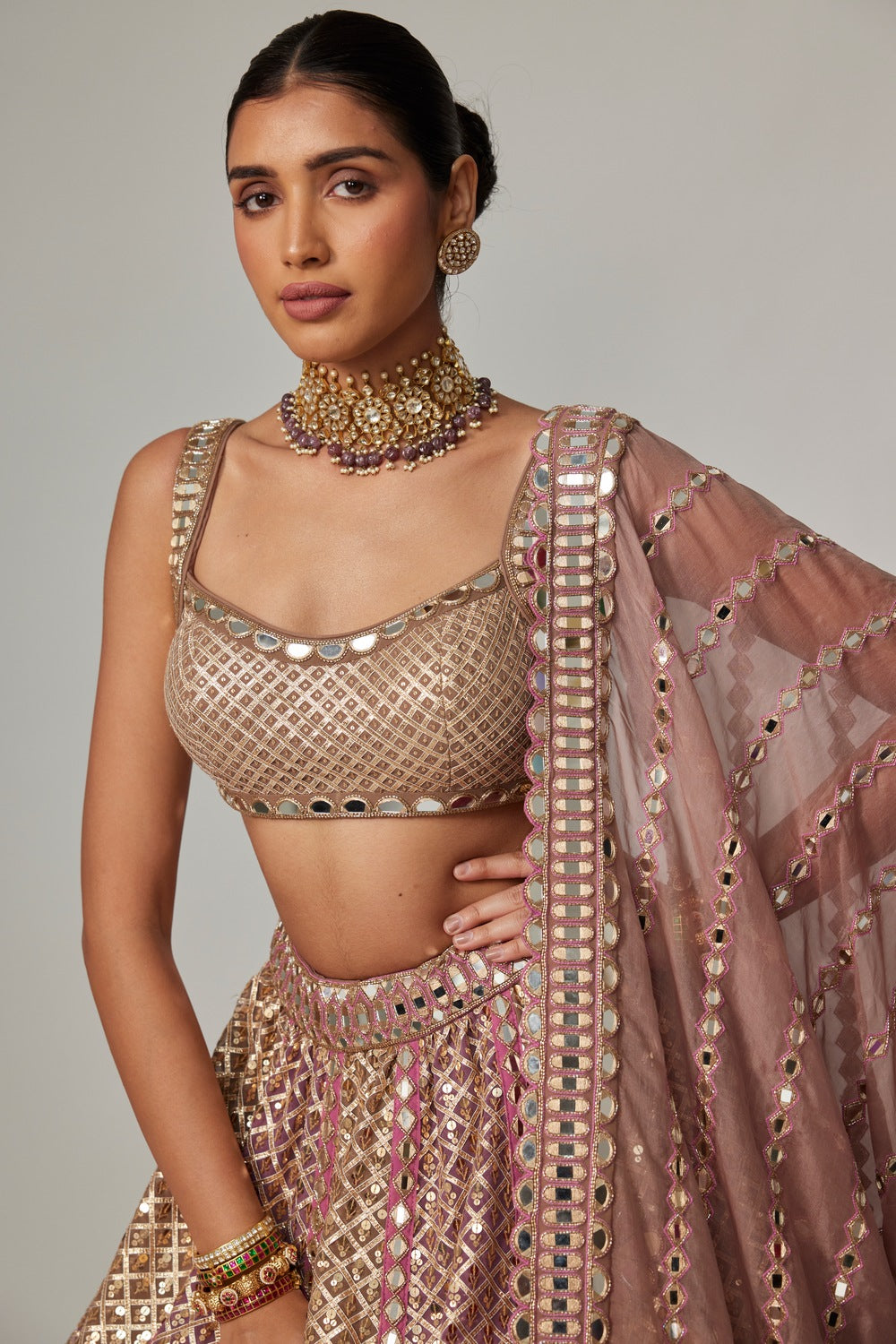 DEEP BEIGE MULTICOLOR METALLIC LEHENGA WITH SQUARE NECK BLOUSE