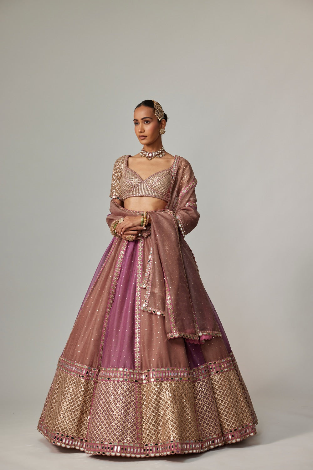 MUD MAUVE MULTICOLOR SEQUIN SCATTER LEHENGA WITH ELBOW SLEEVE BLOUSE