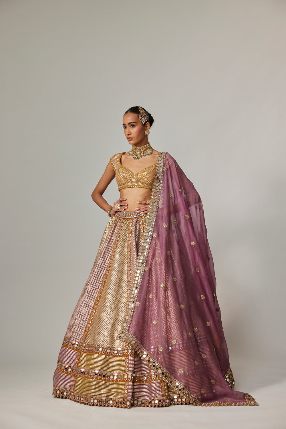 MUSTARD MULTICOLOR HEAVY METALLIC LEHENGA WITH DOUBLE DUPATTA