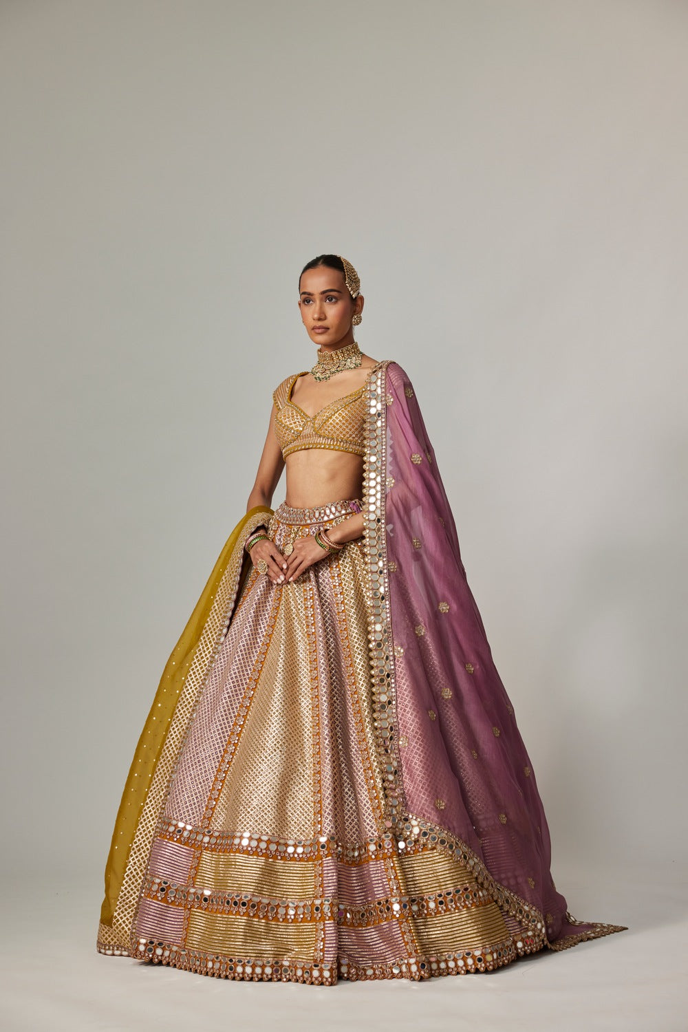 MUSTARD MULTICOLOR HEAVY METALLIC LEHENGA WITH DOUBLE DUPATTA