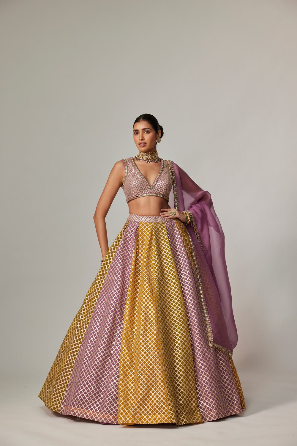 MUSTARD MULTICOLOR CROP TOP WITH DUPATTA