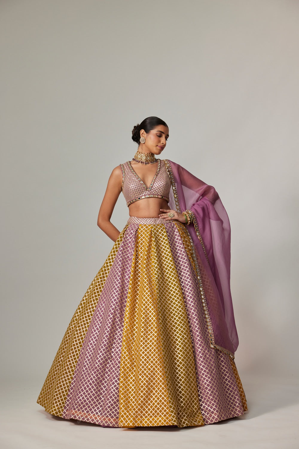 MUSTARD MULTICOLOR CROP TOP WITH DUPATTA