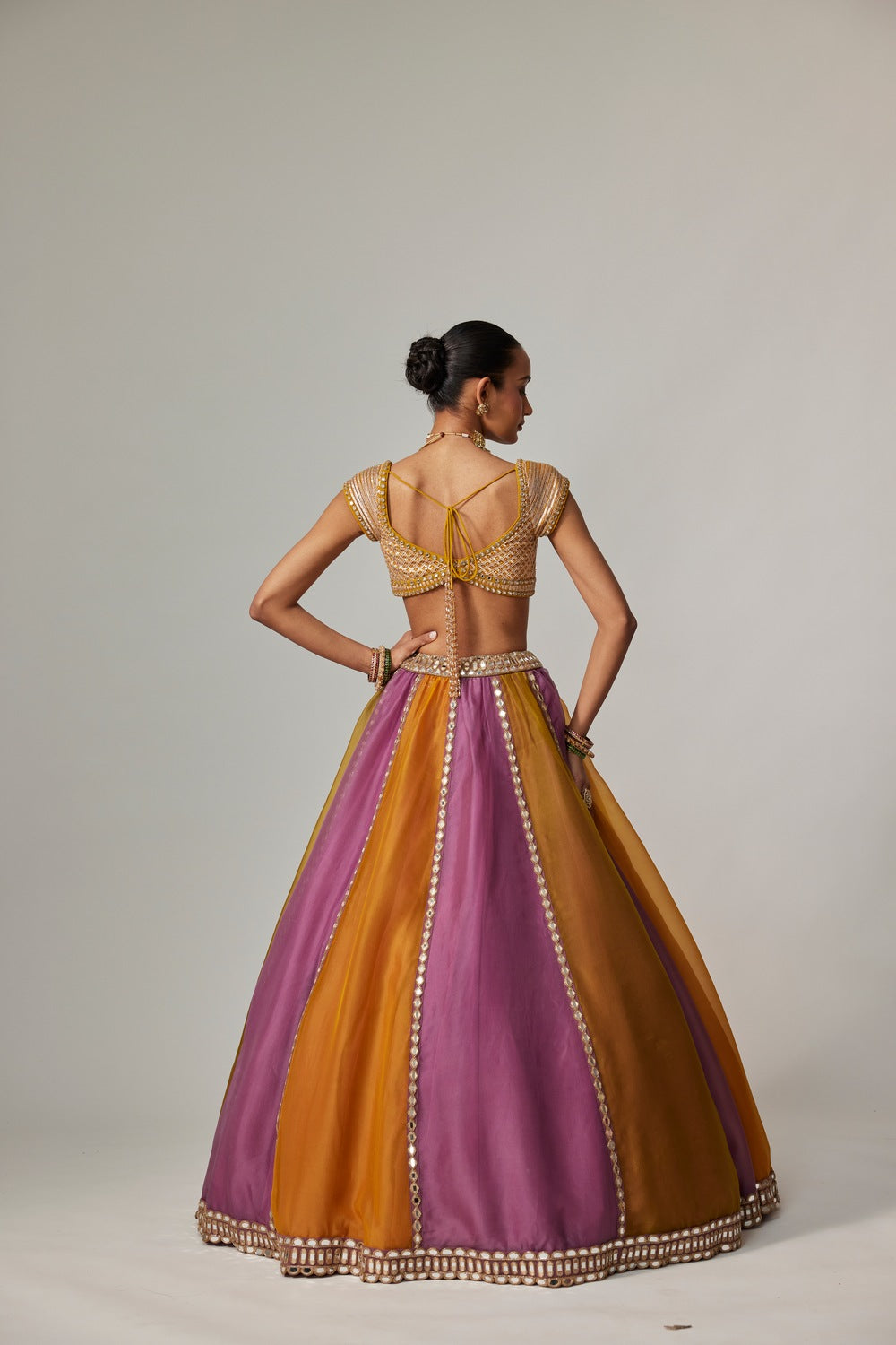 MUSTARD MULTICOLOR LINEAR LEHENGA WITH CAP SLEEVE BLOUSE