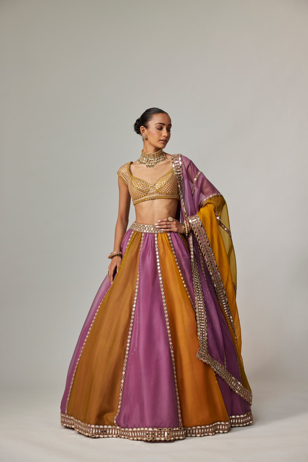 MUSTARD MULTICOLOR LINEAR LEHENGA WITH CAP SLEEVE BLOUSE