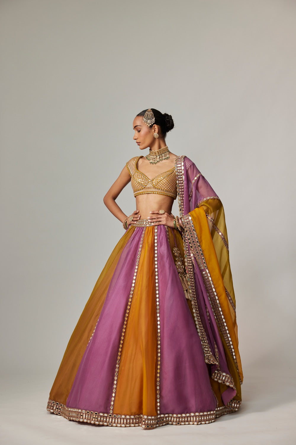 MUSTARD MULTICOLOR LINEAR LEHENGA WITH CAP SLEEVE BLOUSE