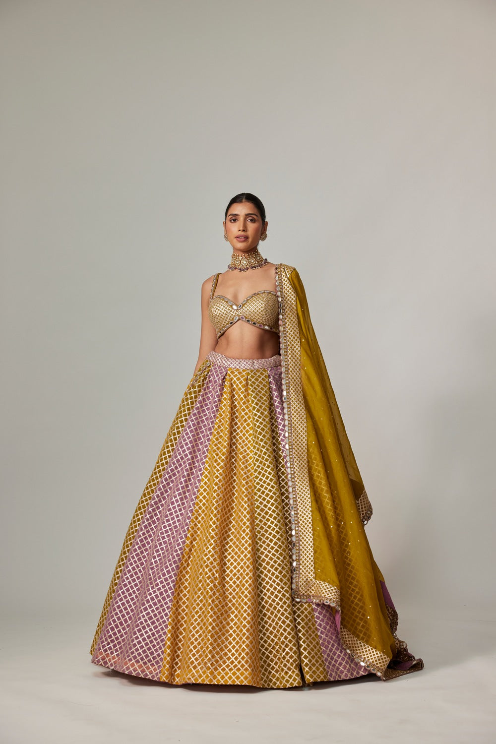 MUSTARD MULTICOLOR BIG CHECK LEHENGA SET