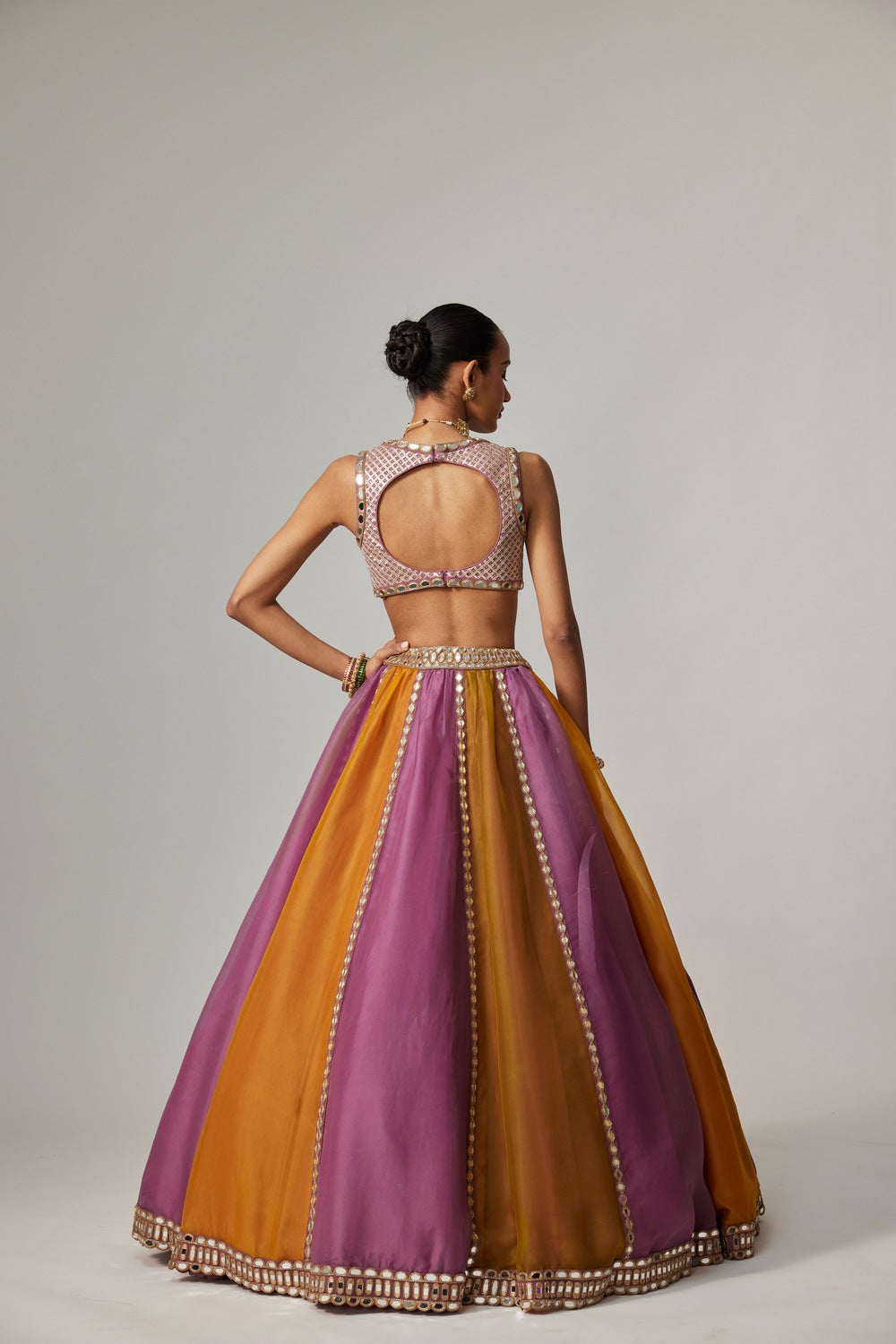 MUSTARD MULTICOLOR LINEAR LEHENGA WITH V NECK BLOUSE