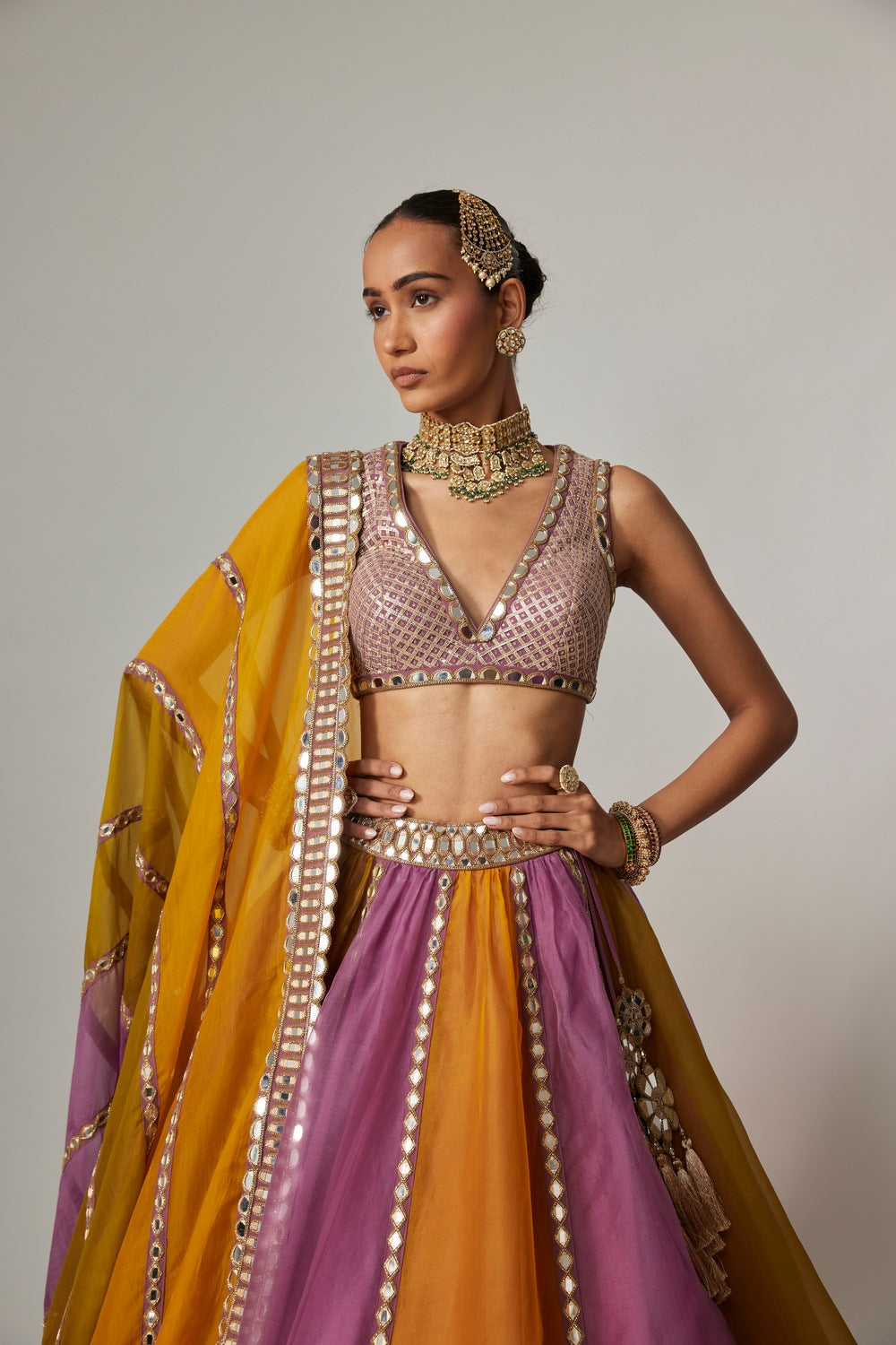 MUSTARD MULTICOLOR LINEAR LEHENGA WITH V NECK BLOUSE