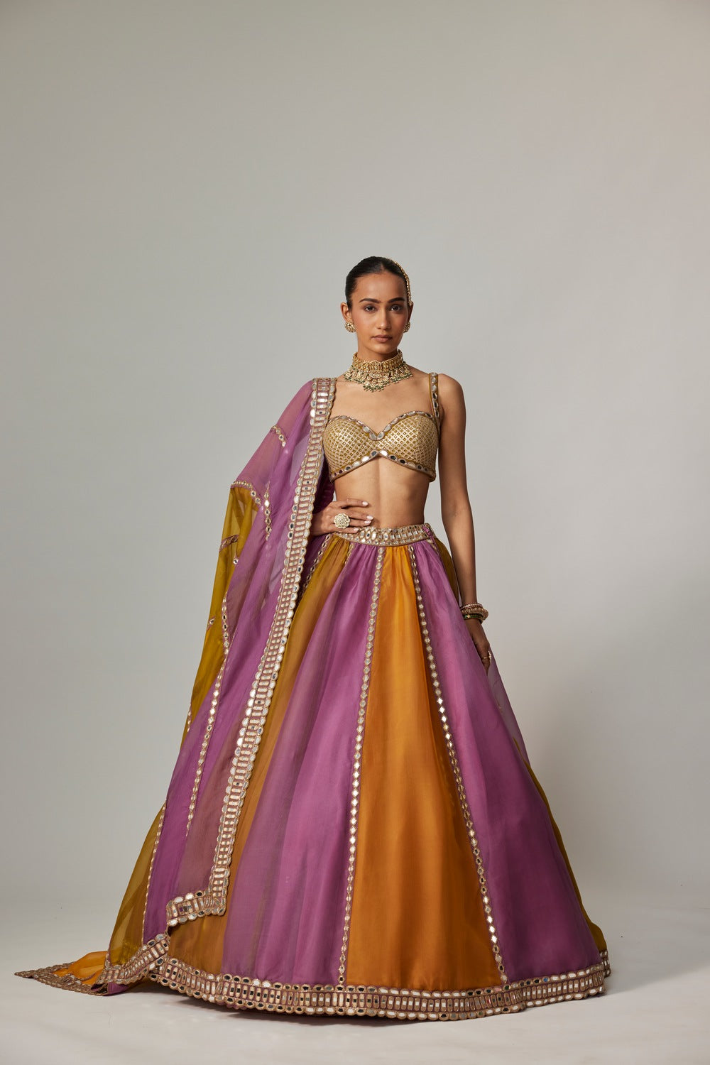 MUSTARD MULTICOLOR LINEAR LEHENGA WITH SWEETHEART NECK BLOUSE