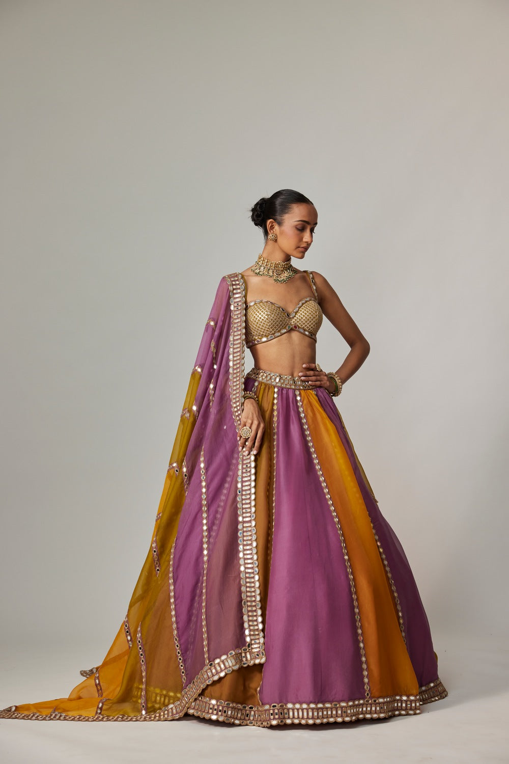 MUSTARD MULTICOLOR LINEAR LEHENGA WITH SWEETHEART NECK BLOUSE