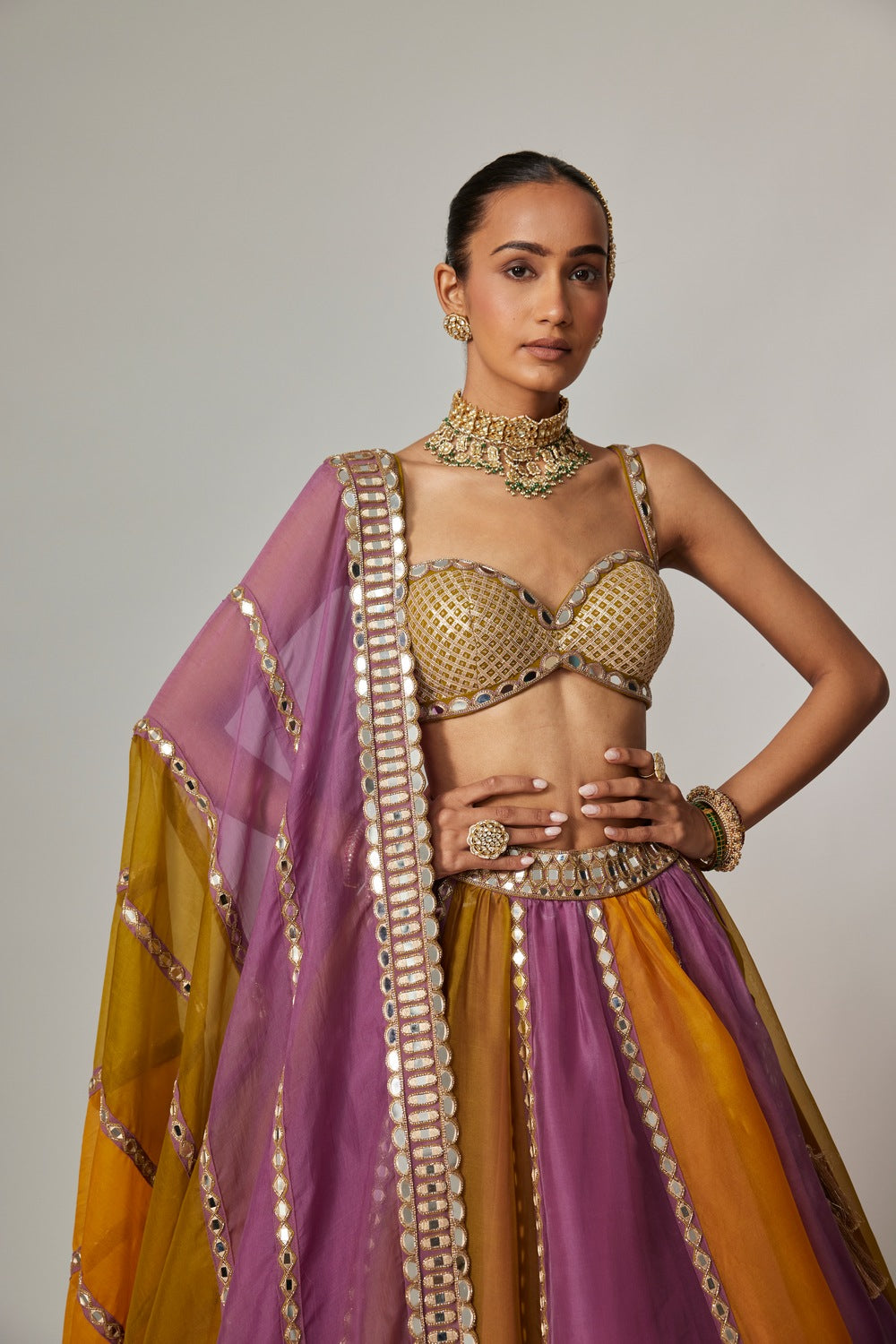 MUSTARD MULTICOLOR LINEAR LEHENGA WITH SWEETHEART NECK BLOUSE