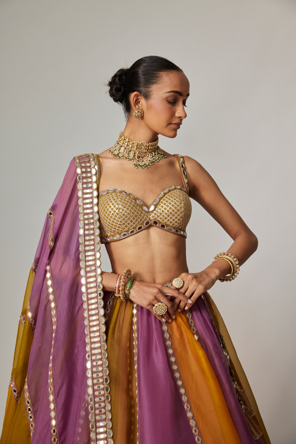 MUSTARD MULTICOLOR LINEAR LEHENGA WITH SWEETHEART NECK BLOUSE
