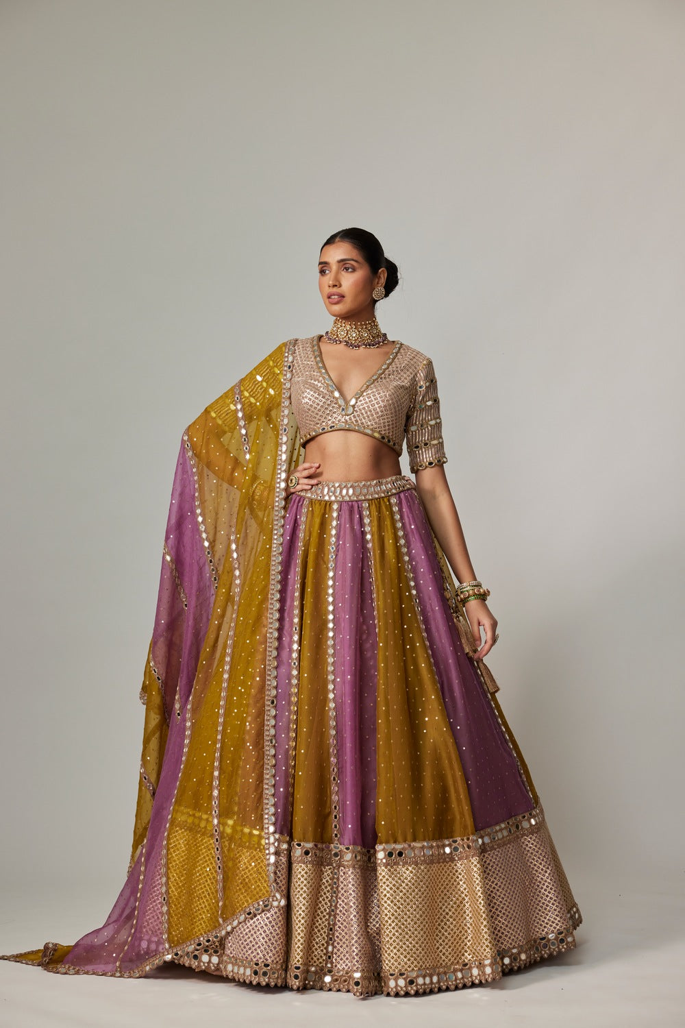 GREEN MULTICOLOR SEQUIN SCATTER LEHENGA WITH V NECK ELBOW SLEEVE BLOUSE