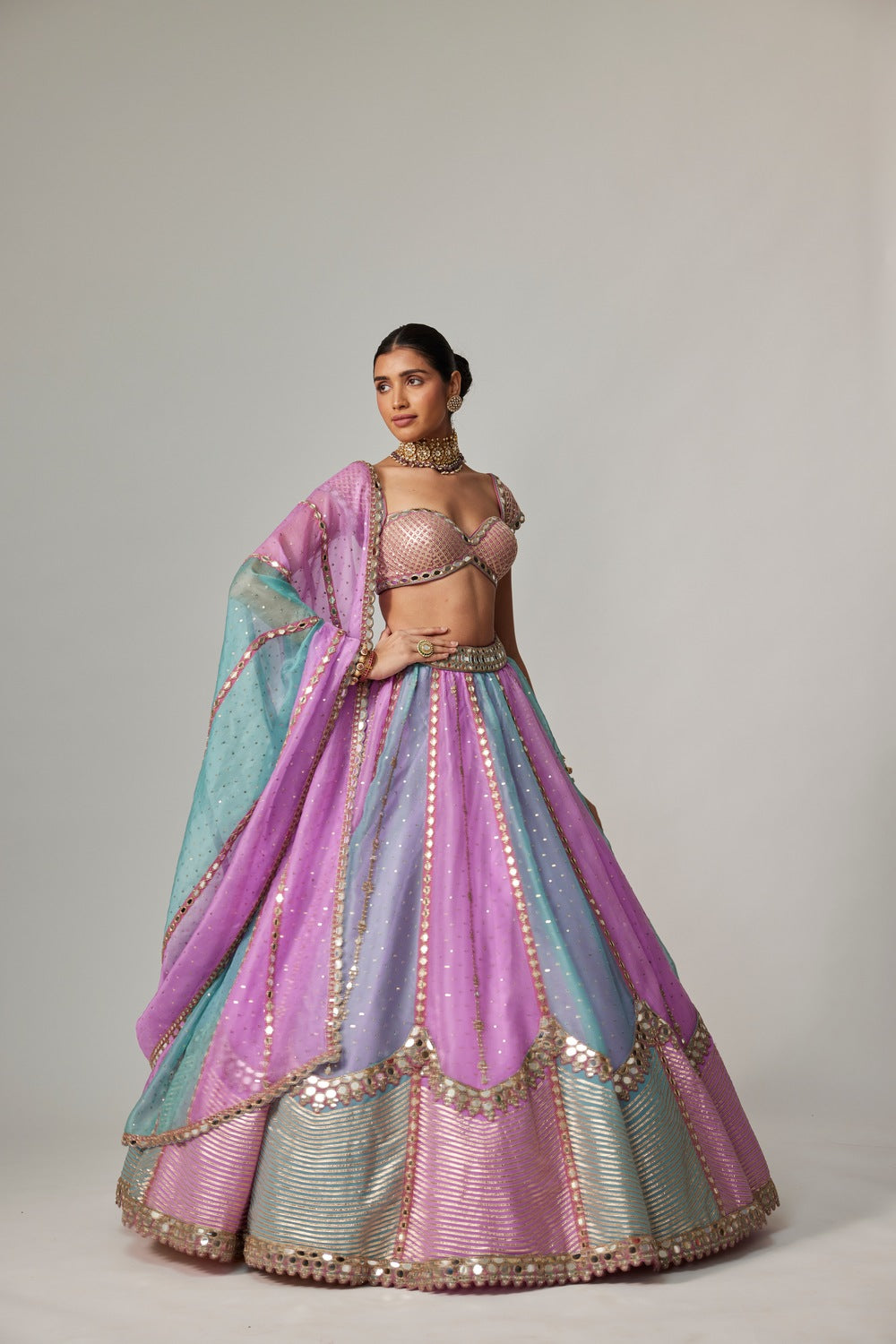 MAUVE MULTICOLOR SEQUINS SCATTER LEHENGA WITH CAP SLEEVE BLOUSE