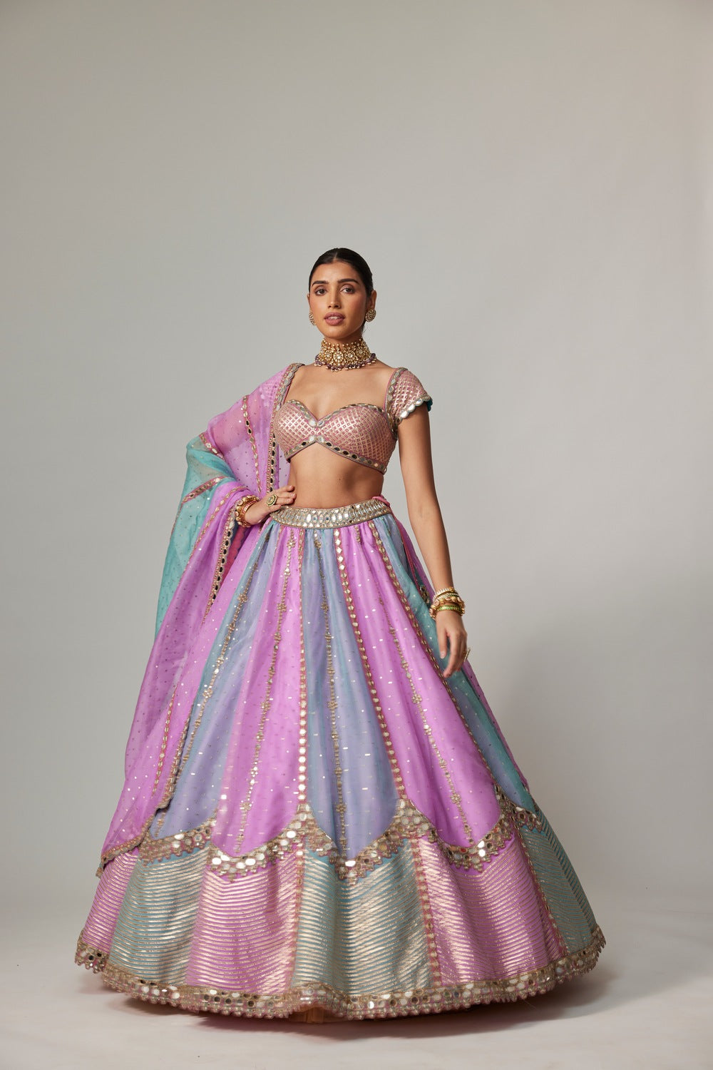 MAUVE MULTICOLOR SEQUINS SCATTER LEHENGA WITH CAP SLEEVE BLOUSE