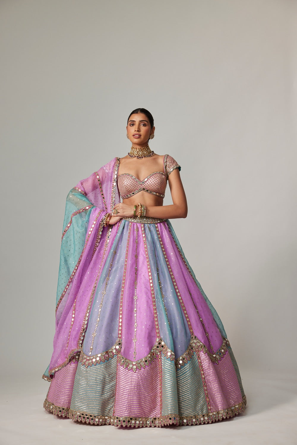 MAUVE MULTICOLOR SEQUINS SCATTER LEHENGA WITH CAP SLEEVE BLOUSE