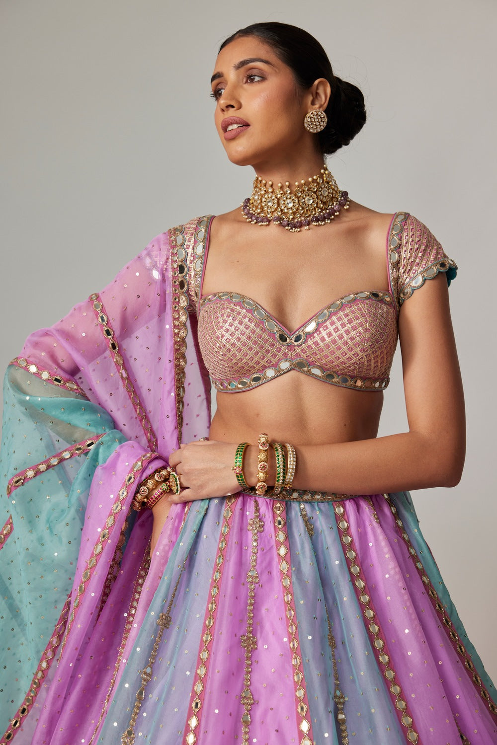 MAUVE MULTICOLOR SEQUINS SCATTER LEHENGA WITH CAP SLEEVE BLOUSE