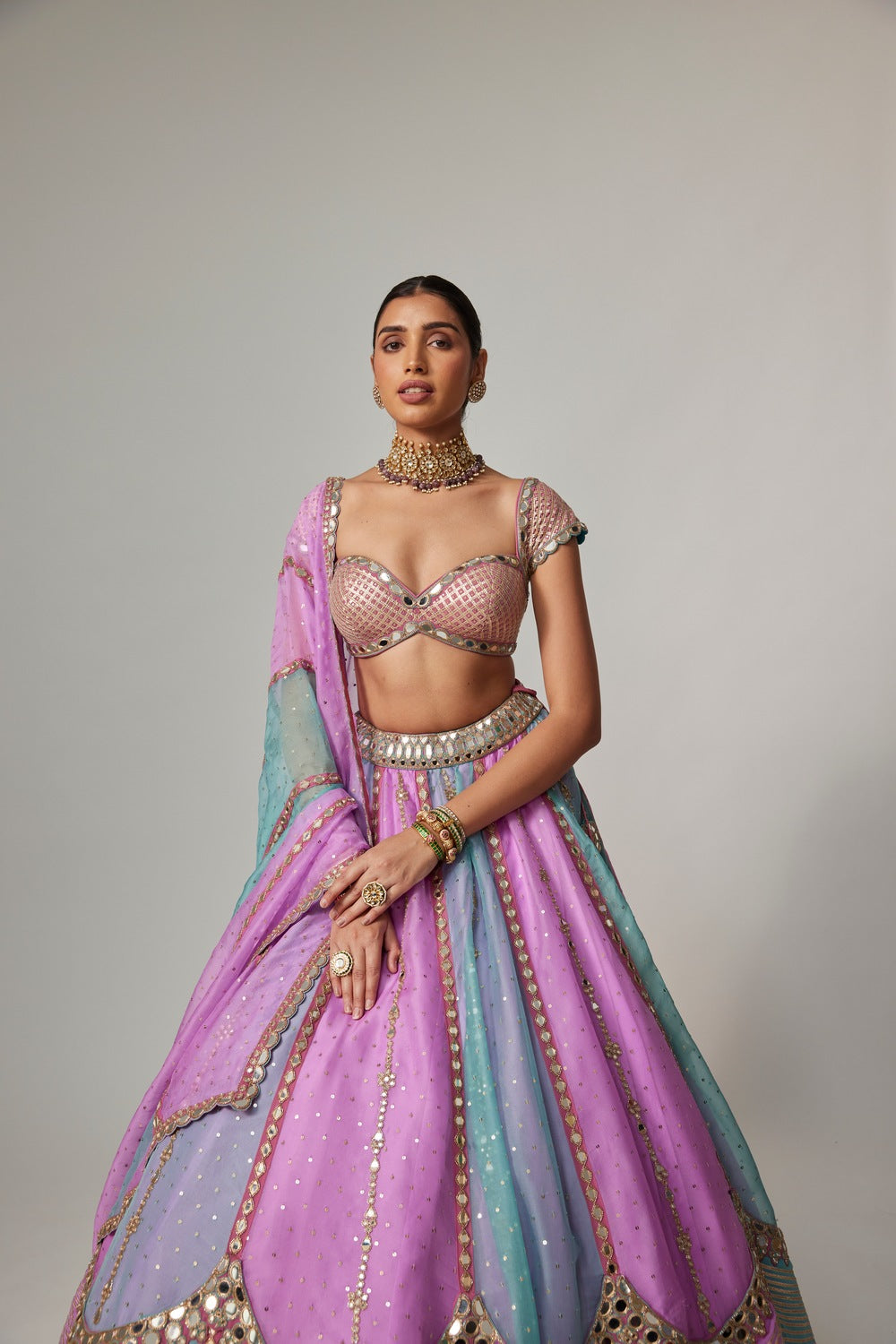 MAUVE MULTICOLOR SEQUINS SCATTER LEHENGA WITH CAP SLEEVE BLOUSE
